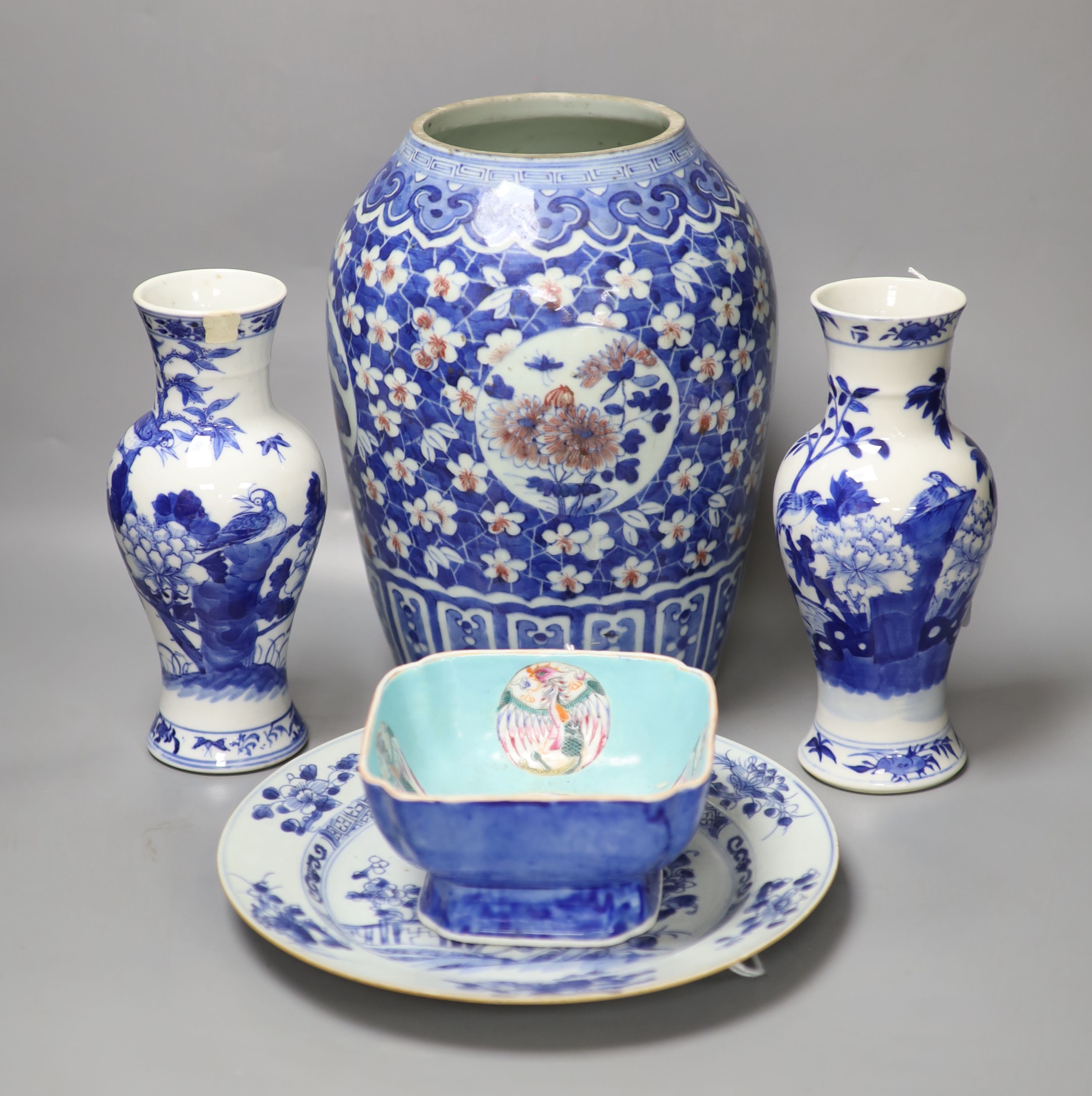 A Chinese vase (cut down), a pair of vases, a blue and white plate and one other item